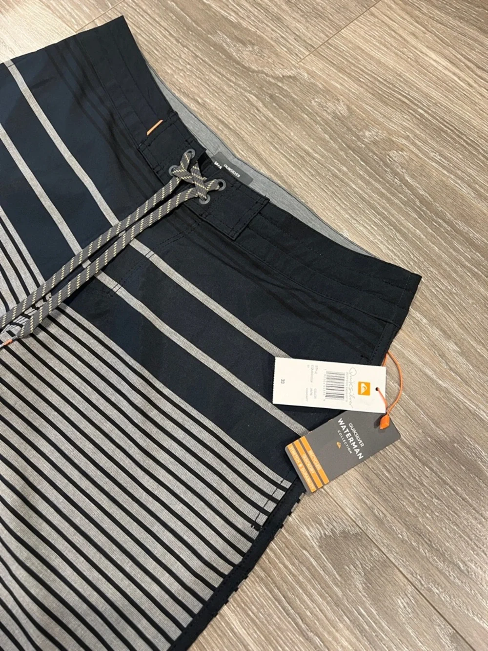 Quiksilver Watermen Collection Men’s Navy, Black and Gray Striped Boardshorts